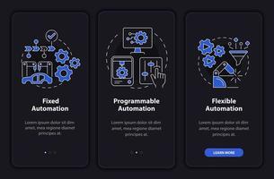 pantalla de aplicación móvil de incorporación de modo nocturno de tipos de automatización. tutorial 3 pasos páginas de instrucciones gráficas con conceptos lineales. interfaz de usuario, ux, plantilla de interfaz gráfica de usuario. innumerables fuentes pro-negrita y regulares utilizadas vector