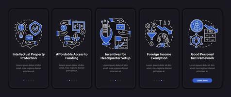 Set up business in asian country night mode onboarding mobile app screen. Walkthrough 5 steps graphic instructions pages with linear concepts. UI, UX, GUI template. Myriad Pro-Bold, Regular fonts used vector