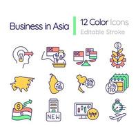 negocios en asia conjunto de iconos de color rgb. la reducción de las tasas de impuestos. establecer una empresa en singapur. ilustraciones vectoriales aisladas. colección de dibujos de líneas llenas simples. trazo editable. fuente Quicksand-light utilizada vector