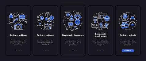 Countries for business running night mode onboarding mobile app screen. Walkthrough 5 steps graphic instructions pages with linear concepts. UI, UX, GUI template. Myriad Pro-Bold, Regular fonts used vector