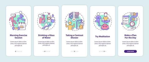 Daily routine onboarding mobile app screen. Selfcare for wellness walkthrough 5 steps graphic instructions pages with linear concepts. UI, UX, GUI template. Myriad Pro-Bold, Regular fonts used vector