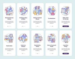 Morning routine onboarding mobile app screen set. Lifestyle walkthrough 5 steps graphic instructions pages with linear concepts. UI, UX, GUI template. Myriad Pro-Bold, Regular fonts used vector