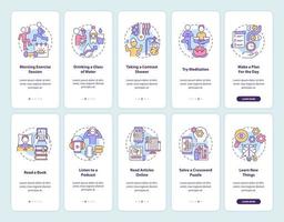 conjunto de pantalla de aplicación móvil de incorporación de rutina matutina. tutorial de estilo de vida páginas de instrucciones gráficas de 5 pasos con conceptos lineales. interfaz de usuario, ux, plantilla de interfaz gráfica de usuario. innumerables fuentes pro-negrita y regulares utilizadas vector