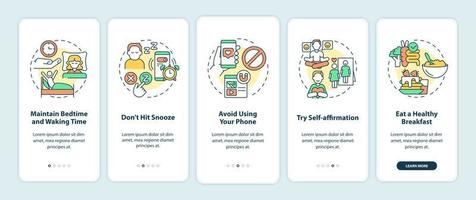 Tips for building morning routine onboarding mobile app screen. Ideas walkthrough 5 steps graphic instructions pages with linear concepts. UI, UX, GUI template. Myriad Pro-Bold, Regular fonts used vector