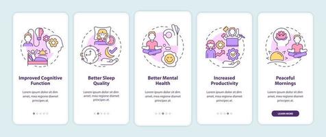 Waking up early benefits onboarding mobile app screen. Productivity walkthrough 5 steps graphic instructions pages with linear concepts. UI, UX, GUI template. Myriad Pro-Bold, Regular fonts used vector
