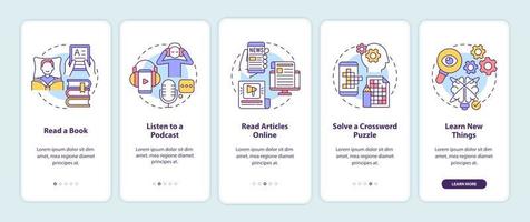 ideas de rutina matutina incorporando la pantalla de la aplicación móvil. tutorial de estilo de vida páginas de instrucciones gráficas de 5 pasos con conceptos lineales. interfaz de usuario, ux, plantilla de interfaz gráfica de usuario. innumerables fuentes pro-negrita y regulares utilizadas vector