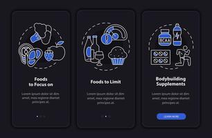 Bodybuilding nutrition night mode onboarding mobile app screen. Sports walkthrough 3 steps graphic instructions pages with linear concepts. UI, UX, GUI template. Myriad Pro-Bold, Regular fonts used vector