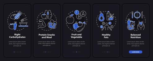 Right food for exercises night mode onboarding mobile app screen. Eating walkthrough 5 steps graphic instructions pages with linear concepts. UI, UX, GUI template. Myriad Pro-Bold, Regular fonts used vector