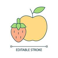 Apple and strawberry RGB color icon. Fresh fruit and berry. Organic dietary products. Natural vitamins. Isolated vector illustration. Simple filled line drawing. Editable stroke. Arial font used