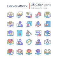 Hacker attack RGB color icons set. Cybercrime. Computer system, network disruption. Isolated vector illustrations. Simple filled line drawings collection. Editable stroke. Quicksand-Light font used
