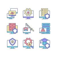 Cybercrime and its prevention RGB color icons set. Phishing and Dos attack. Cybersecurity methods. Isolated vector illustrations. Simple filled line drawings collection. Editable stroke