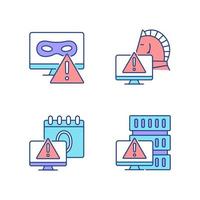 Computer system attacks RGB color icons set. Trojan horse and rootkit. Computer network disruption. Isolated vector illustrations. Simple filled line drawings collection. Editable stroke