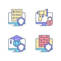 Protect private data RGB color icons set. Firewall and cyber policy. Cybersecurity education. Isolated vector illustrations. Simple filled line drawings collection. Editable stroke