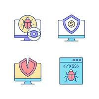 Computer vulnerability exploitation RGB color icons set. Hacker attacks. Network disruption. Cyber insurance. Isolated vector illustrations. Simple filled line drawings collection. Editable stroke