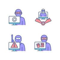 Cyber attacker RGB color icons set. Cyberterrorism. Cybercriminal trap. Computer disruption. Fraud and coercion. Isolated vector illustrations. Simple filled line drawings collection. Editable stroke