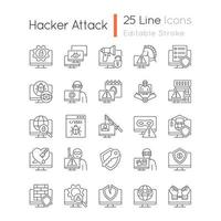Hacker attack linear icons set. Cybercrime. Computer system, network disruption. Cyberattack. Customizable thin line contour symbols. Isolated vector outline illustrations. Editable stroke
