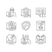 Cyber attacks types linear icons set. Network crash. Cybercrime. Cybersecurity. Spyware and rootkit. Customizable thin line contour symbols. Isolated vector outline illustrations. Editable stroke