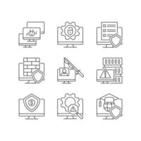 Cybercrime and its prevention linear icons set. Phishing and Dos attack. Cybersecurity methods. Customizable thin line contour symbols. Isolated vector outline illustrations. Editable stroke