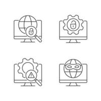 Illegal activities detection linear icons set. Jailbreak and darknet. Cyber security. Malicious software. Customizable thin line contour symbols. Isolated vector outline illustrations. Editable stroke