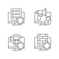 Protect private data linear icons set. Firewall and cyber policy. Cybersecurity education. Customizable thin line contour symbols. Isolated vector outline illustrations. Editable stroke