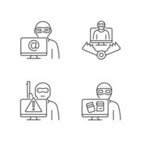 Cyber attacker linear icons set. Cyberterrorism. Cybercriminal trap. Computer disruption. Customizable thin line contour symbols. Isolated vector outline illustrations. Editable stroke