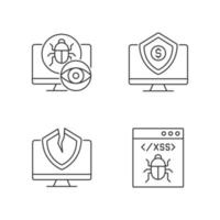 Computer vulnerability exploitation linear icons set. Hacker attack. Network disruption. Cyber insurance. Customizable thin line contour symbols. Isolated vector outline illustrations. Editable stroke