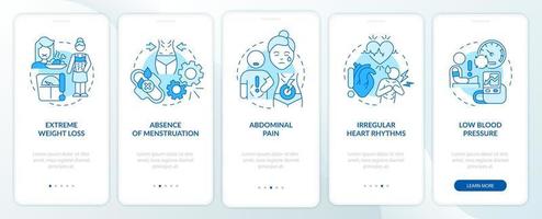 Anorexia symptoms blue onboarding mobile app screen. Abdominal pain walkthrough 5 steps graphic instructions pages with linear concepts. UI, UX, GUI template. Myriad Pro-Bold, Regular fonts used vector