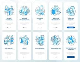 Anorexia and bulimia blue onboarding mobile app screen set. Nervosa types walkthrough 5 steps graphic instructions pages with linear concepts. UI, UX, GUI template. Myriad Pro-Bold, Regular fonts used vector