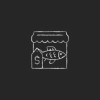 icono blanco tiza del mercado de pescado sobre fondo oscuro. comercio y suministro de pescados y mariscos frescos y congelados. mercado de pescado. Puesto de pescadería. pesca comercial. ilustración de pizarra vectorial aislada en negro vector