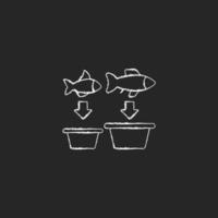 Fish sorting chalk white icon on dark background. Grading and separating seafood products for trade. Sorting table and machine. Commercial fishery. Isolated vector chalkboard illustration on black
