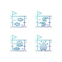 Commercial sea product farming gradient linear vector icons set. Shrimp and fish growing. Pearl extraction for trade. Thin line contour symbols bundle. Isolated outline illustrations collection