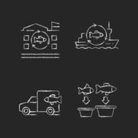 Fish processing and transportation chalk white icons set on dark background. Seafood product manufacturing. Fish processing vessel and factory. Isolated vector chalkboard illustrations on black