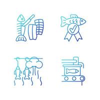 Fish products preparation gradient linear vector icons set. Fish smoking and canning. Seafood quality control. Thin line contour symbols bundle. Isolated outline illustrations collection