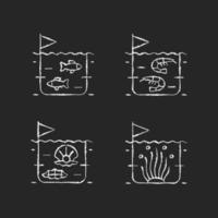 Commercial sea product farming chalk white icons set on dark background. Shrimp and fish growing. Pearl extraction for trade. Fish breeding. Isolated vector chalkboard illustrations on black