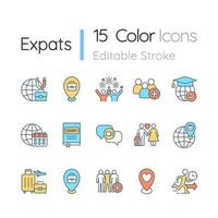 Expats RGB color icons set. Moving and relocate abroad. Migration to foreign country. Work travel. Isolated vector illustrations. Simple filled line drawings collection. Editable stroke