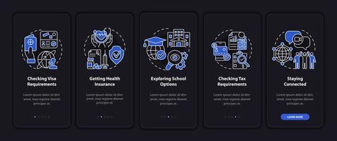 Things to consider when moving dark onboarding mobile app page screen. Walkthrough 5 steps graphic instructions with concepts. UI, UX, GUI vector template with linear night mode illustrations