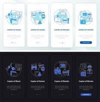 Piracy includes onboarding mobile app page screen. Copies of music walkthrough 4 steps graphic instructions with concepts. UI, UX, GUI vector template with linear night and day mode illustrations