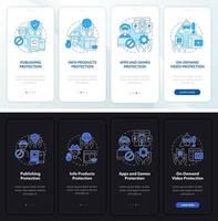 Copyright protection onboarding mobile app page screen. Apps and games walkthrough 4 steps graphic instructions with concepts. UI, UX, GUI vector template with linear night and day mode illustrations