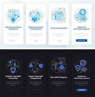 pantalla de la página de la aplicación móvil de incorporación de prevención de piratería. registro de propiedad paso a paso instrucciones gráficas de 4 pasos con conceptos. ui, ux, plantilla vectorial gui con ilustraciones lineales en modo día y noche vector