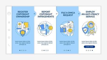 plantilla de vector de incorporación de formas de protección legal. sitio web móvil sensible con iconos. Tutorial de página web Pantallas de 4 pasos. emplear el concepto de color de los servicios antipiratería con ilustraciones lineales