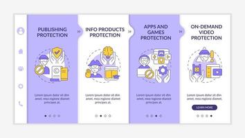 Authors rights protection onboarding vector template. Responsive mobile website with icons. Web page walkthrough 4 step screens. On-demand video and publishing color concept with linear illustrations