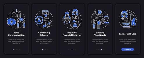 Toxicity signs onboarding mobile app page screen. Controlling behavior walkthrough 5 steps graphic instructions with concepts. UI, UX, GUI vector template with linear night mode illustrations