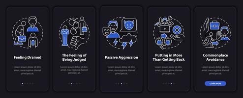 Abusive working environment onboarding mobile app page screen. Feeling judged walkthrough 5 steps graphic instructions with concepts. UI, UX, GUI vector template with linear night mode illustrations