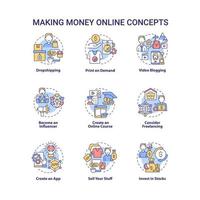 Making money online concept icons set. Digital entrepreneurship idea thin line color illustrations. Video blogging. Create online course. Freelancing. Vector isolated outline drawings. Editable stroke