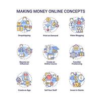 Making money online concept icons set. Digital entrepreneurship idea thin line color illustrations. Video blogging. Create online course. Freelancing. Vector isolated outline drawings. Editable stroke