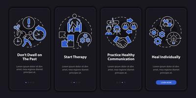 el estado emocional mejora la incorporación de la pantalla de la página de la aplicación móvil. tutorial de inicio de terapia 4 pasos instrucciones gráficas con conceptos. ui, ux, plantilla vectorial gui con ilustraciones lineales en modo nocturno vector