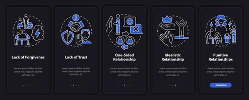 Toxic partner types onboarding mobile app page screen. One-sided relationships walkthrough 5 steps graphic instructions with concepts. UI, UX, GUI vector template with linear night mode illustrations
