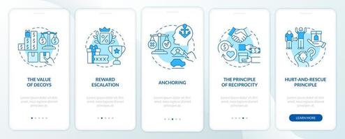 Neuromarketing canons onboarding mobile app page screen. Customer anchoring bias walkthrough 5 steps graphic instructions with concepts. UI, UX, GUI vector template with linear color illustrations