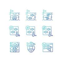 Fish product farming and storing gradient linear vector icons set. Sterilization and preservation. Commercial fishery. Thin line contour symbols bundle. Isolated outline illustrations collection