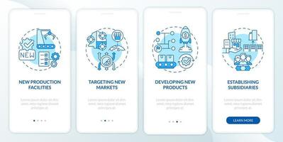 Internal business growth blue onboarding mobile app page screen. Company expansion walkthrough 4 steps graphic instructions with concepts. UI, UX, GUI vector template with linear color illustrations